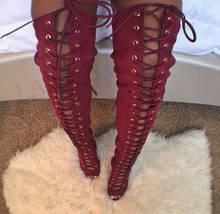 Berzimer-botas femininas acima dos joelhos, primavera-verão, camurça, saltos altos, mulheres, borgonha, tamanho grande 39, 47, 52 2024 - compre barato