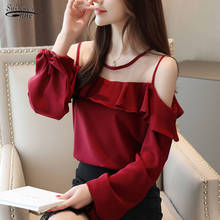 2021 Autumn Solid Color Mesh Chiffon Shirt Women Office Elegant Lantern Long Sleeve Blouse Women Off Shoulder Ladies Tops 10895 2024 - buy cheap