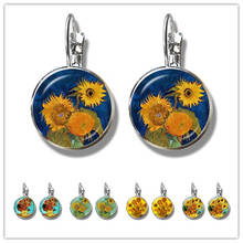 Retro Van Gogh Art Starry Night Sunflower Stud Earrings 16mm Glass Cabochon Dome Silver-plated Earrings Jewelry For Women Girls 2024 - buy cheap
