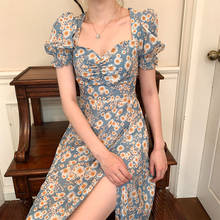 Vestido de verano con estampado Floral para mujer, elegante, Vintage, con manga abombada y abertura, talla grande 2024 - compra barato