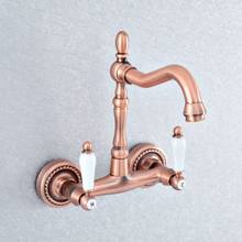 Antique Red Copper Dual Handles Bathroom Kitchen Sink Faucets Wall Mounted Swivel Spout Two Holes Kitchen Mixer Taps zsf882 2024 - buy cheap