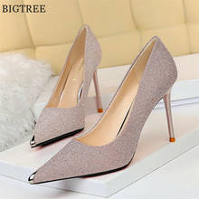 Metal Pointy Toe Women Shoes 2022 Autumn Bling Sequined Cloth Slip On Woman Pumps Ladies Party Wedding Shoe Pink Sexy High Heels 2024 - buy cheap