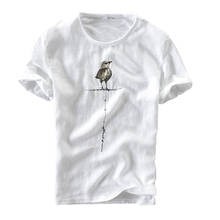 Algodão de linho manga curta tshirts para homens moda impressão pássaro branco bordado t camisa masculina verão novo casual o-pescoço camisetas topos 2024 - compre barato