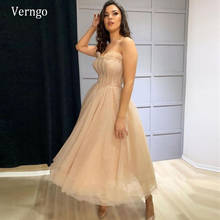 Verngo Champagne Beads Tulle Evening Party Dresses 2021 A Line Strapless Corset Short Prom Dress Ankle Length Formal Gowns 2024 - buy cheap