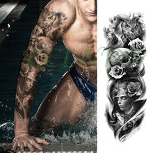 Водостойкая временная татуировка наклейка Сова цветы череп часы девушка ревущий волк полная рука большая поддельная тату флэш-тату для мужчин и женщин 2024 - купить недорого