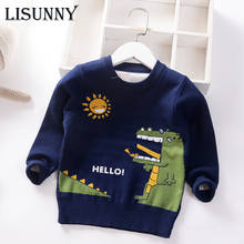Осень-зима 2021, свитер для маленьких мальчиков, утепленная детская вязаная одежда с мультяшным динозавром, детский пуловер, хлопковый джемпер для малышей 1-8 2024 - купить недорого