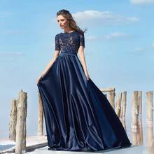 Navy Blue A-Line Evening Dresses 2021 O-Neck Short Sleeve Lace Appliques Zipper Elegant Party Prom Gown Floor Length Satin 2024 - buy cheap