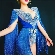 Model Catwalk Bling Crystals Stage Outfit Blue Red Tassels Sparkly Rhinestones Bodysuit Nightclub Bar Female DJ Singer Costume 2024 - buy cheap