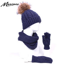 Autumn And Winter Pompon Beanie Hat Scarf Gloves Three-piece Set Unisex Warm Outdoor Sport Thick Hat For Men And Women Real Fur 2024 - buy cheap