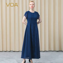 VOA Heavy 38m/m Silk Jacquard Dark Blue Round Neck AE787 Petal Sleeve Bump Georgette Splicing Banquet Dresses for Women 2024 - buy cheap