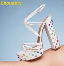 Choudory-Sandalias con cristales brillantes multicolor, zapatos de boda con plataforma de tacón grueso blanco, con tiras cruzadas y diamantes de imitación 2024 - compra barato