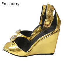 Sexy 2021 Summer Gold Patent Leather Sandals Women Ankle Strap Cover Heels Square Open Toe High Wedges Sandalias Mujer 2024 - buy cheap