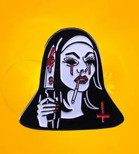 Bad Habit Nun Smoking Enamel Pin Holding Bloody Knife Gothic Punk Horror Scary Enamel Lapel Pin brooch jewelry 2024 - buy cheap