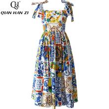 Vestido de verão 2021 algodão qian han zi, vestido com alça espaguete fashion para mulheres feriado azul e branco de porcelana 2024 - compre barato