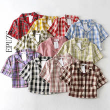 Blusa de verão feminina camisa de colheita do vintage streetwear xadrez senhoras topos elegante botão acima da camisa coreana superior de colheita vermelho 2020 2024 - compre barato