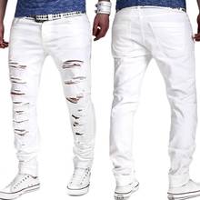Novo 2021 calças de moda masculina casual hip hop jeans branco adolescentes lavar buracos rasgados cowboy casual calças de brim ajuste fino 2024 - compre barato