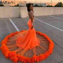 Vestido de baile africano de penas laranja, transparente, decote profundo, principal, miçangas, sereia, manga longa, vestido de festa plus size 2024 - compre barato