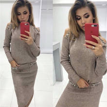 FORERUN 2 Piece Skirt Set Pearl Beading Knitted Sweater Top and Skirt Set Streetwear Cold Shoulder Sleeve Two Piece Outfits 2024 - buy cheap