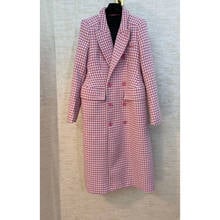 High End Quality 11.7 Pink Houndstooth Plaid Wool Coat Women Fashion Vintage Slim Long Overcoat Outerwear 2024 - buy cheap