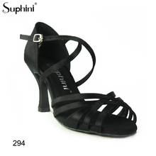 Free Shipping Suphini Basic 5 Straps Design Latin Salsa Shoes Black satin Professional Latin Dance Shoes 2024 - buy cheap