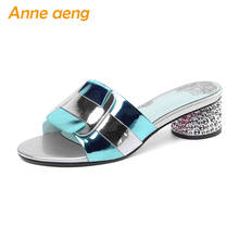 Sandália feminina de couro legítimo, chinelo médio quadrado de 4cm e metal, sapato casual para mulheres, chinelos azuis, novo, verão, 2020 2024 - compre barato