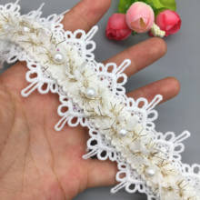 2 yards White 5.5cm Cotton Pearl Beaded Embroidered Lace Trim Ribbon Fabric Handmade DIY Costume Dress Sewing Supplies Craft 2024 - buy cheap