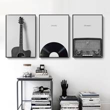 Preto e branco guitarra frase de rádio pintura da lona instrumentos musicais arte da parede imagens para sala estar decoração da parede casa 2024 - compre barato