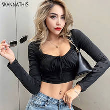 WannaThis Ruched T-Shirts Long Sleeve O-Neck Lace up Solid Crop Top Women's Autumn New Slim Elastics Sexy Fashion Cropped Tshirt 2024 - buy cheap