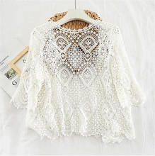 Korean tops Knitted Women Bohemian Style Midi Sleeve Lace Open Cardigan Short Knitting Outwear Hollow Out Sweater Tops PZ203 2024 - buy cheap