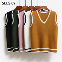 SLLSKY V-Neck Spliced Knitted Vest Women Casual Loose Pullover Sweater 2021 Spring Autumn New Solid Basic Sleeveless Tank Tops 2024 - buy cheap