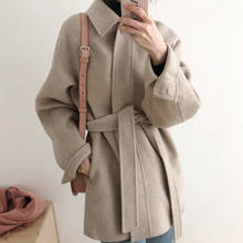 Casaco feminino lã elegante, outono inverno manga comprida gola virada coreana 2024 - compre barato