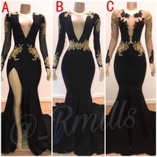 Black Gold Applique Mermaid Prom Dresses Deep V Neck Backless Long Sleeves Formal Dresses Evening Gowns vestidos de fiesta 2024 - buy cheap