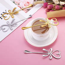 Cuchara de café en forma de corazón con lazo 3D, cuchara de té y postre con lazo colgante de acero inoxidable, regalo de boda 2024 - compra barato