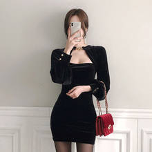 new arrival fashion korean spring mini dress women OL temperament vintage lantern sleeve velvet black slim party pencil dress 2024 - buy cheap