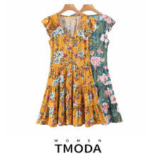 Tmodarádio vestido feminino estampa floral, novo verão, mini, gola v, sem mangas, cintura alta, renda, laço, cor sucesso, 2021 2024 - compre barato