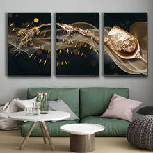 RELIABLI-pinturas artísticas en lienzo para sala de estar, carteles decorativos sin marco, copa de vino dorado y pez, 3 paneles 2024 - compra barato