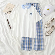 Костюм женский летний в Корейском стиле, белая рубашка-поло для студентов + Модные клетчатые брюки, повседневный костюм из двух предметов 2024 - купить недорого