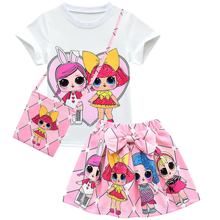 Conjunto de ropa para niñas pequeñas, Top de muñeca L.O.L + lazo, vestido de verano para niñas, camisetas con estampado de dibujos animados + bolsa, ropa para niños, traje 2024 - compra barato