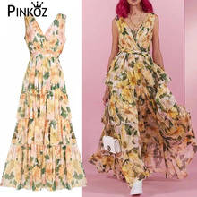 Pinkoz runway designer maxi dress for women flower printed v-neck sexy casual backless yellow sleeveless dresses vestidos chic 2024 - buy cheap