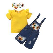 Conjunto de 3 peças de roupa casual para crianças, 0-4 anos, camiseta de manga curta plissada + macacão jeans com patch para girassol, calças soltas, 2021 2024 - compre barato