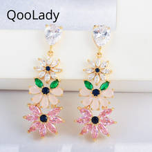 QooLady-pendientes colgantes de circonia cúbica para mujer, aretes, bisutería, color oro amarillo, flor, hoja, moda 2019, E056 2024 - compra barato