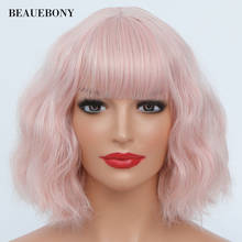 Beauebony Pink Wig With Bangs Synthetic Hair Wavy Short Bob Wigs For White Women Ombre Blue Black Blonde Pink Purple Colored Wig 2024 - buy cheap