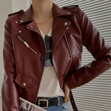 Jaqueta de couro pu de manga longa feminina, jaqueta curta vintage justa coreana moda vinho vermelha para motociclista e primavera casual 2024 - compre barato