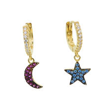 NEW 925 Sterling Silver Asymmetry delicate blue red moon star AAA CZ earrings for cute girl women fashion Christmas jewelry 2024 - buy cheap