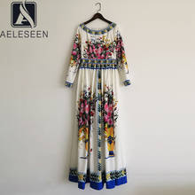 AELESEEN Runway Fashion Women Dress 2021 Spring Autumn New Elegant Dress Flower Print White Holiday Party Long Dress 2024 - buy cheap