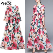 Pinkoz-vestido de Primavera de manga larga con estampado Floral para mujer, traje femenino de peonía roja, longitud media pantorrilla, 2021 2024 - compra barato