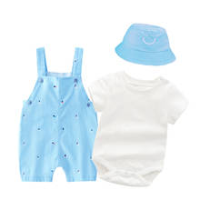 Newborn Baby Boys Clothes Suit with Sunhat + White Romper + Blue Overalls Cotton Printed Little New Born Clothing 2024 - buy cheap