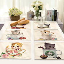 Mantel Individual con diseño de gato para mesa de comedor, decoración de cocina, vajilla de lino, estera de mesa de Navidad, Año Nuevo 2024 - compra barato