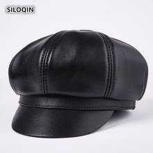 SILOQIN New Snapback Genuine Leather Hat Woman Winter Trend First Layer Sheepskin Newsboy Hat Fashion Leisure Bone Octagonal Cap 2024 - buy cheap