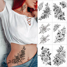 Tatuagem temporária de henna, adesivo temporário de rosa para homens e mulheres, flor peônia falsa à prova d'água, linhas minimalistas, arte corporal 2024 - compre barato